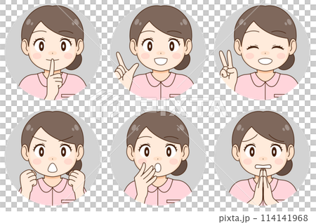 年輕女護士(或護理人員)的 6 種面部表情和姿勢(圈出) 年輕女護士(或護理人員)的 6 種面部表情和姿勢(圈出) 114141968