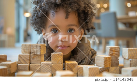 A young child is laying on the floor surrounded by a pile of colorful blocks A young child is laying on the floor surrounded by a pile of colorful blocks 114142049