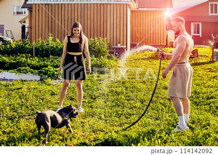 Playful American Bully dog grabs with its mouth splashes of water from garden hose, which is held in hands of white shirtless man of about 30 years old, mans wife stands nearby. 114142092