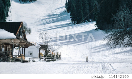 white dog in mountain valley. Dog rescuer in snow snow-capped mountains download 114142199