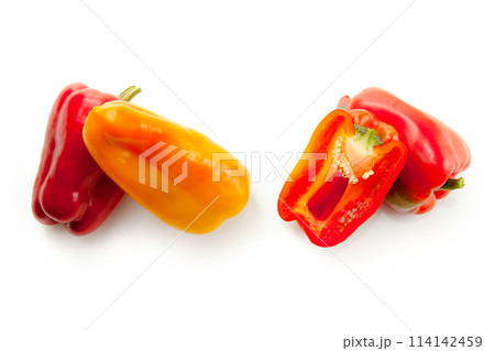 Whole and halves of bell pepper isolated on white background with clipping path. . Whole and halves of bell pepper isolated on white background with clipping path. . 114142459