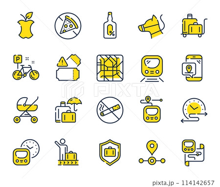 Underground line icons. Subway map, Station location, Metro rules. Dog on leash, Apple core, No smoking outline icons. Underground tickets, No alcohol drink, food at metro. Baby carriage place. Vector Underground line icons. Subway map, Station location, Metro rules. Dog on leash, Apple core, No smoking outline icons. Underground tickets, No alcohol drink, food at metro. Baby carriage place. Vector 114142657