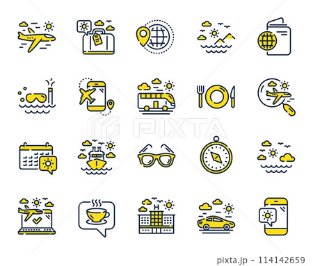 Travel line icons. Passport, Luggage, Check in airport icons. Airplane flight, Sunglasses, Hotel building. Passport check in document, Sea diving. Restaurant hotel food, luggage travel. Vector 114142659
