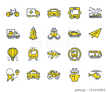Transport line icons. Taxi, Helicopter and subway train icons. Truck car, Tram and Air balloon transport. Bike, Airport airplane and Ship, subway. Travel bus, ambulance car, paper airplane. Vector 114142661