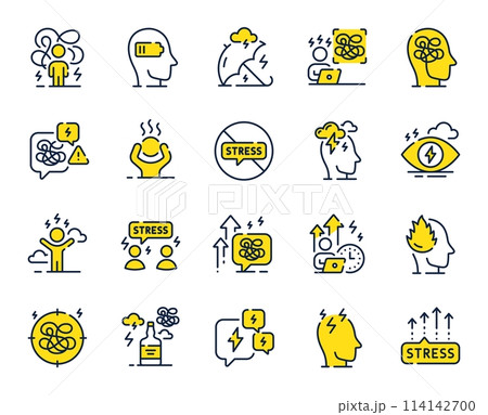 Stress line icons. Mental health, depression and confusion thoughts. Frustrated man, negative mood, panic fear outline icons. Stress pressure and psychology mental problems. Bad depression. Vector 114142700