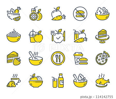 Meal line icons. Vegatable dish, poke bowl food and healthy salad set. Pizza, pasta spaghetti bowl and burger line icons. Breakfast meal, vegetable salad and fish. Apple and carrot fresh juice. Vector Meal line icons. Vegatable dish, poke bowl food and healthy salad set. Pizza, pasta spaghetti bowl and burger line icons. Breakfast meal, vegetable salad and fish. Apple and carrot fresh juice. Vector 114142755