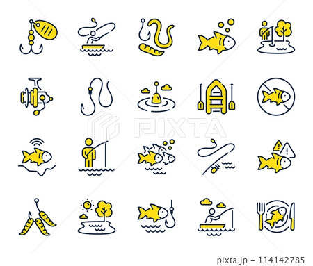 Fishing line icons. Inflatable boat, Worms or Maggot bait and Fishing rod set. Float bobber, echo sounder and hook with worms line icons. Fisherman in boat, spinning rod and maggot lure. Vector 114142785