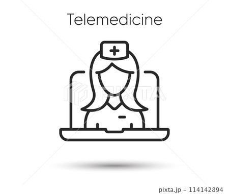 Telemedicine line icon. Online doctor sign. Medical health care symbol. Illustration for web and mobile app. Line style online telemedicine consultation icon. Editable stroke remote doctor. Vector 114142894