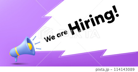 We are hiring horizontal banner with a megaphone. Announce banner with loudspeaker. Promotion hr background. 3d employment message with megaphone. Hire team, recruiting banner. Vector 114143089