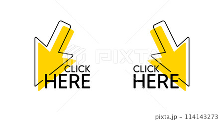 Click here with mouse cursor icon. Press internet web button. Click here button with arrow pointer symbol. Website promotion tag banner. Clicking offer design. Internet web mouse cursor. Vector 114143273