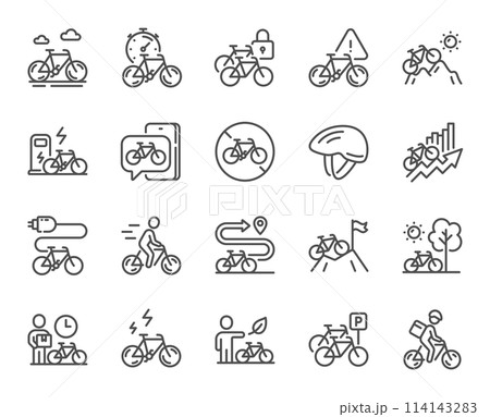 Bicycle line icons. Mountain bike, Travel bicycle and Electric transport set. City delivery, safety helmet and rent a bike line icons. Mountain sport, road transport and cyclist protection. Vector Bicycle line icons. Mountain bike, Travel bicycle and Electric transport set. City delivery, safety helmet and rent a bike line icons. Mountain sport, road transport and cyclist protection. Vector 114143283