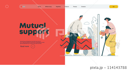 Mutual Support Buying groceries for ill neighbor -modern flat vector concept illustration of man carrying shopping bags for woman on crutches Metaphor of voluntary, collaborative exchanges of services 114143788