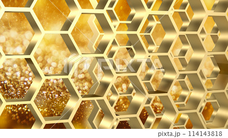 The gold hexagon or beehive pattern on Bokeh Background for sci or medical concept 3d rendering. The gold hexagon or beehive pattern on Bokeh Background for sci or medical concept 3d rendering. 114143818