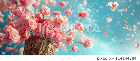 Bouquet of pink roses in a basket on a blue background 114144284