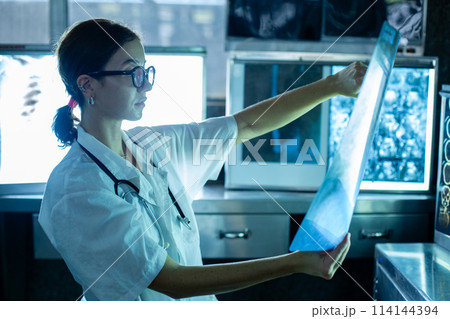 Medical female specialist checkup analytics x-ray film scan examining in laboratory at hospital. 114144394