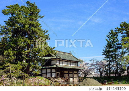 弘前城 清々しい春の朝 北門と青空 青森県 弘前城 清々しい春の朝 北門と青空 青森県 114145300