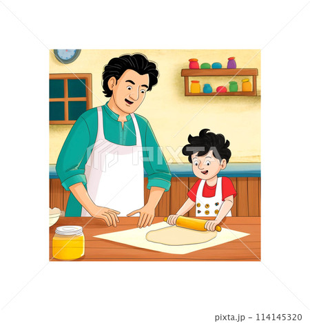 子どもと料理をするお父さん 114145320