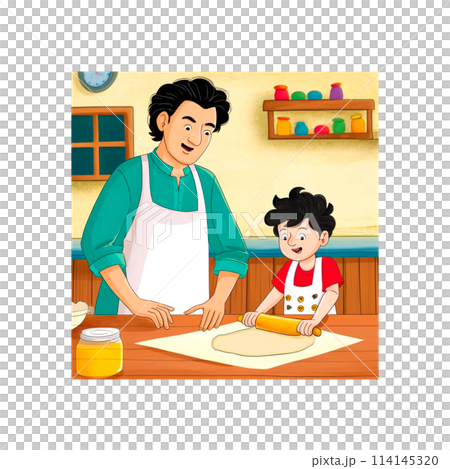 子どもと料理をするお父さん 114145320