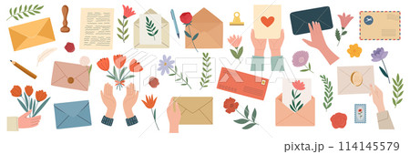 Envelopes, Postage Stamps, Postcards, Holding Hands, Floral Design Elements for Gifts, Greeting Cards. Different Paper Envelopes, Sealing Wax, Stationery for Postal Correspondence Collection, Isolated Envelopes, Postage Stamps, Postcards, Holding Hands, Floral Design Elements for Gifts, Greeting Cards. Different Paper Envelopes, Sealing Wax, Stationery for Postal Correspondence Collection, Isolated 114145579