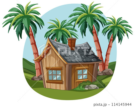 Tropical Cabin Oasis Illustration 114145944