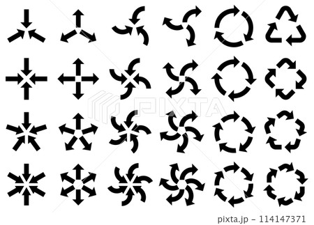 様々な形の集中・拡散・回転する矢印のベクターイラストセット 様々な形の集中・拡散・回転する矢印のベクターイラストセット 114147371