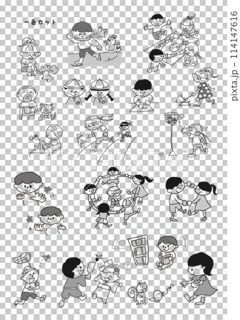 遊ぶ子供たちのモノクロイラスト素材集 遊ぶ子供たちのモノクロイラスト素材集 114147616