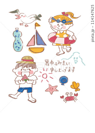 暑中見舞いテンプレート(スイカを食べる少年、浮き輪をする少女) 暑中見舞いテンプレート(スイカを食べる少年、浮き輪をする少女) 114147625