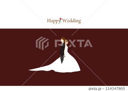 背中合わせの新郎新婦のイラストとHappy Weddingの文字 背中合わせの新郎新婦のイラストとHappy Weddingの文字 114147903