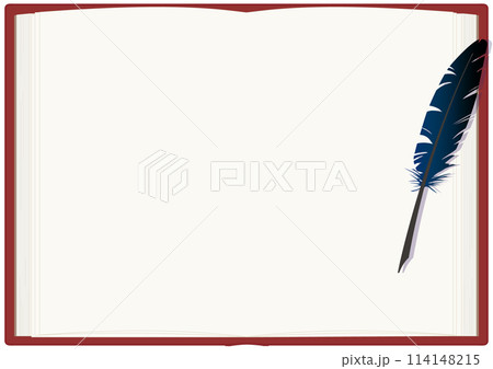 羽根ペンが置かれた本の見開きフレームベクターイラスト（赤） 114148215