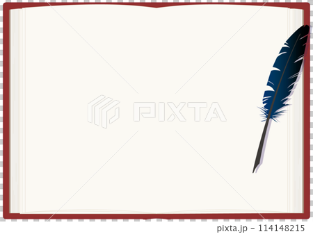 羽根ペンが置かれた本の見開きフレームベクターイラスト（赤） 114148215