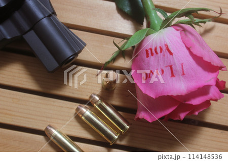 Vintage Gun With Bullets and Rose. Revolver and Ammunition 114148536