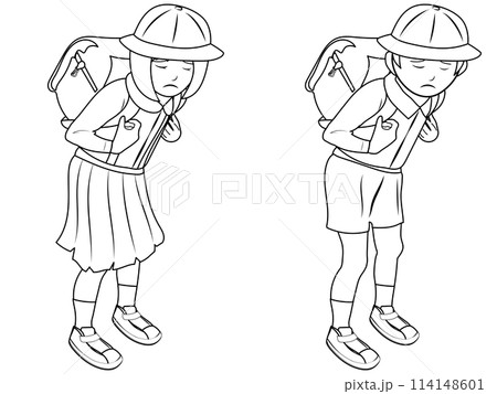 落ち込んでいるランドセルを背負った小学生の男の子と女の子　線画 114148601