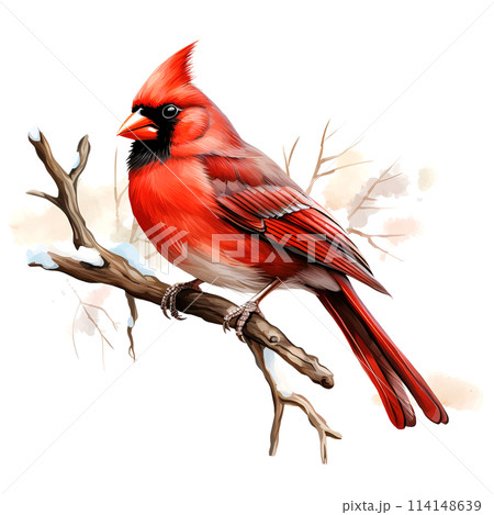 Northern cardinal bird on the branch a white background. Bird, Wildlife Animals. Illustration, Generative AI. 114148639