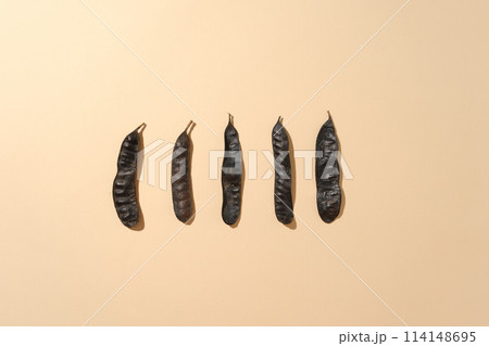 Flat lay light pink background against some black locust fruits. From above view photo with blank space for designing advertise of product extract from black locust Flat lay light pink background against some black locust fruits. From above view photo with blank space for designing advertise of product extract from black locust 114148695