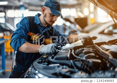 Technician is inspecting engine system, car radiator and engine cooling system. 114149093