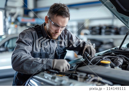 Technician is inspecting engine system, car radiator and engine cooling system. Technician is inspecting engine system, car radiator and engine cooling system. 114149111