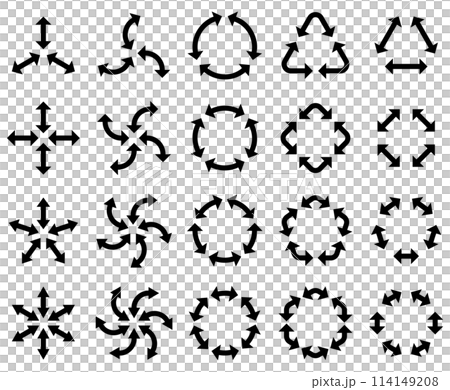 Vector illustration set of converging, diverging and rotating arrows of various shapes Vector illustration set of converging, diverging and rotating arrows of various shapes 114149208