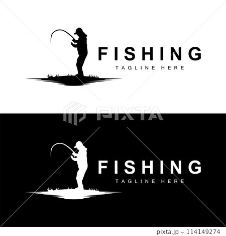 fishing logo icon vector, catch fish on the boat, outdoor sunset silhouette design fishing logo icon vector, catch fish on the boat, outdoor sunset silhouette design 114149274