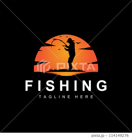 fishing logo icon vector, catch fish on the boat, outdoor sunset silhouette design fishing logo icon vector, catch fish on the boat, outdoor sunset silhouette design 114149276