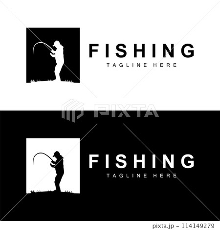 fishing logo icon vector, catch fish on the boat, outdoor sunset silhouette design fishing logo icon vector, catch fish on the boat, outdoor sunset silhouette design 114149279