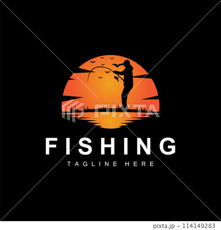 fishing logo icon vector, catch fish on the boat, outdoor sunset silhouette design fishing logo icon vector, catch fish on the boat, outdoor sunset silhouette design 114149283