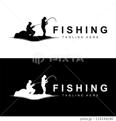 fishing logo icon vector, catch fish on the boat, outdoor sunset silhouette design 114149290