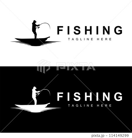 fishing logo icon vector, catch fish on the boat, outdoor sunset silhouette design 114149299
