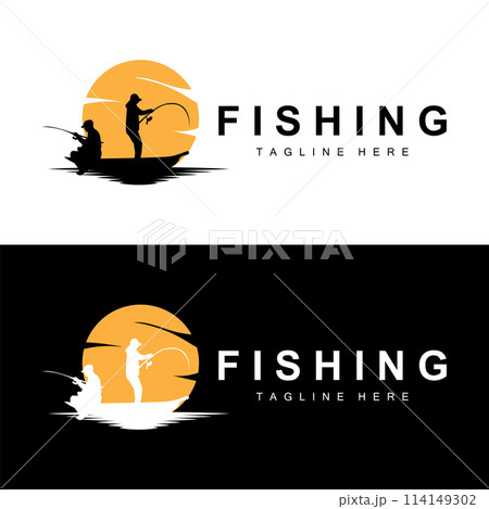 fishing logo icon vector, catch fish on the boat, outdoor sunset silhouette design 114149302