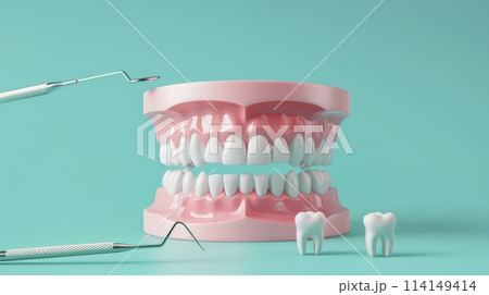 歯医者で歯を治療するイメージ、歯茎と治療器具の3D風モデル 114149414