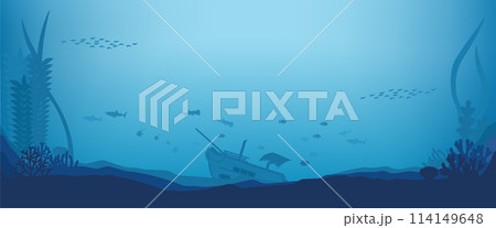 海中の沈没船とサメのシルエットの背景素材　 横長 114149648