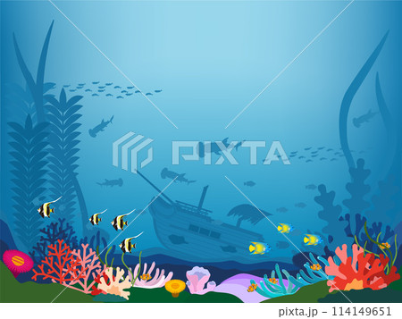 珊瑚礁の海中に漂う熱帯魚と沈没船の背景素材 珊瑚礁の海中に漂う熱帯魚と沈没船の背景素材 114149651