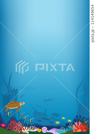 珊瑚礁の海中に漂う海亀と熱帯魚と沈没船の背景素材　縦向き 114149654