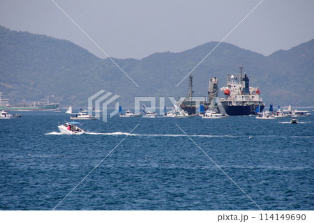 来島海峡で釣りをする釣り船と通過する貨物船 114149690
