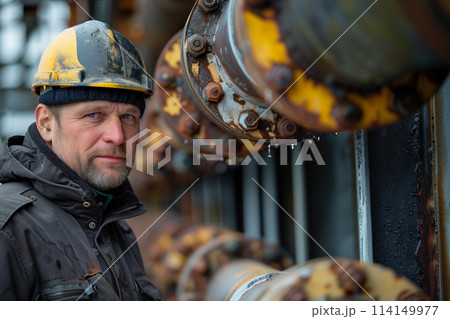 Man in Hard Hat With Pipes Man in Hard Hat With Pipes 114149977